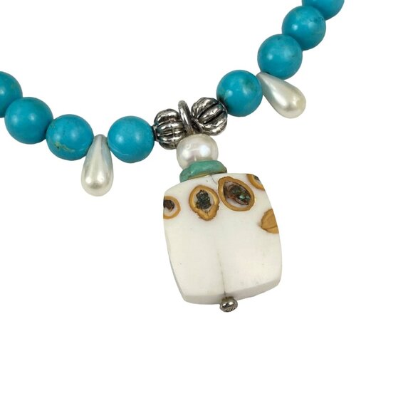 Handcrafted Faux Turquoise Bead Necklace With Unique Ceramic Pendant and Metal A - Picture 9 of 9